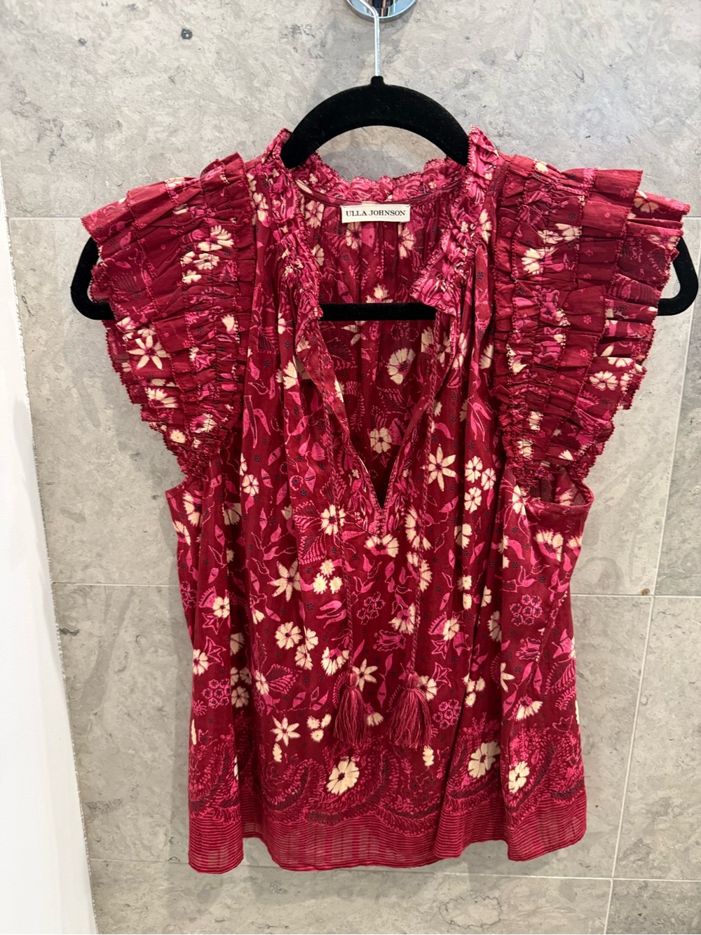 Ulla Johnson Burgundy Floral Ruffle-Sleeve Camisole